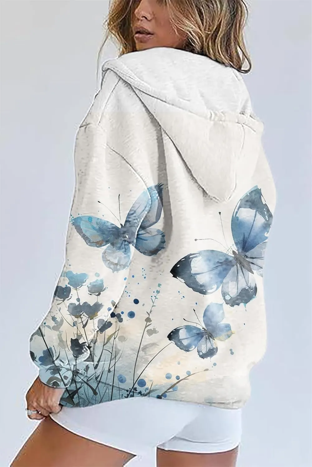 Oversized Sweatshirt Women Butterfly Graphic Hoodies Y2K Full Zip Up Long Sleeve Fall Sweatshirts Drawstring Jackets
