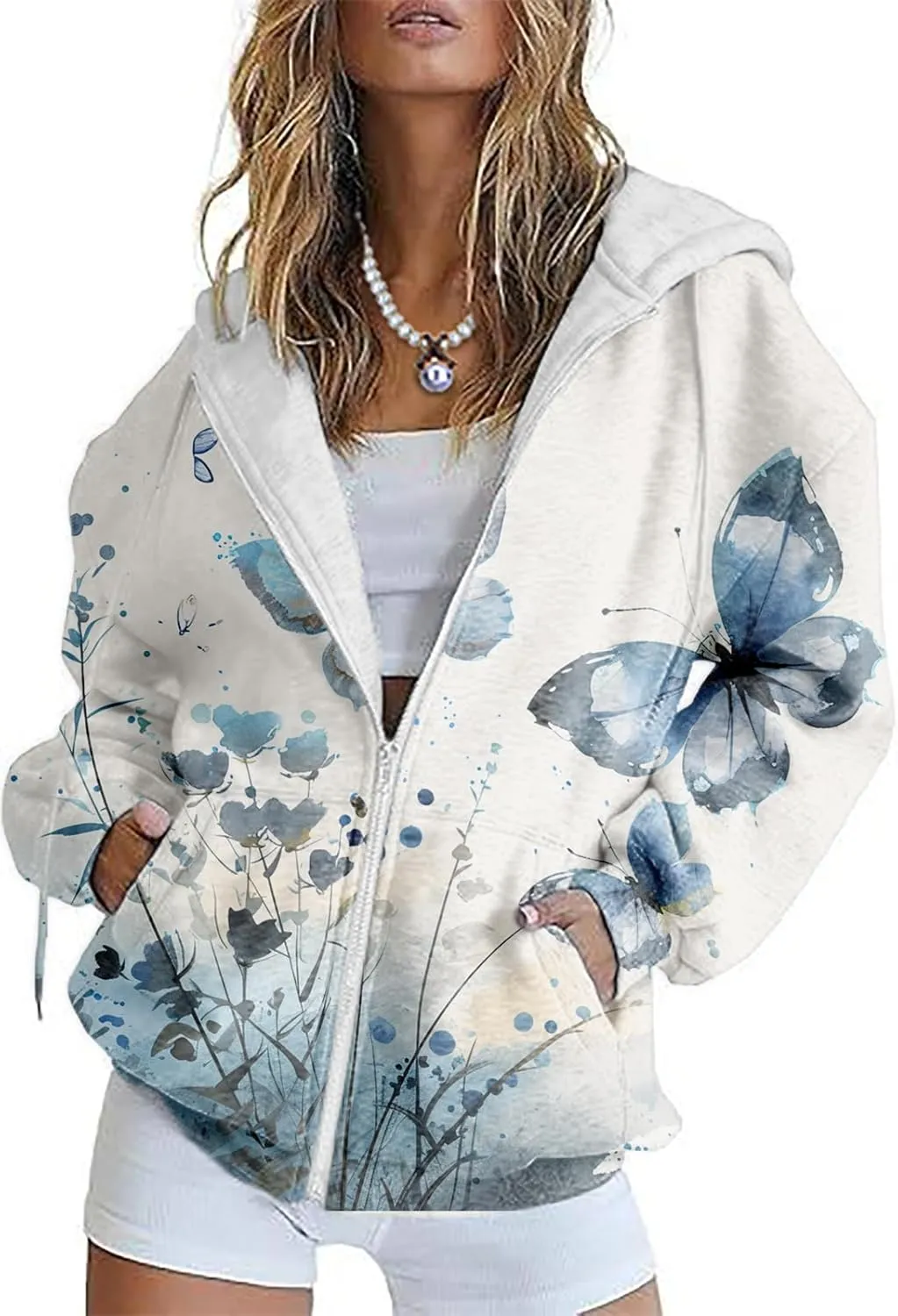 Oversized Sweatshirt Women Butterfly Graphic Hoodies Y2K Full Zip Up Long Sleeve Fall Sweatshirts Drawstring Jackets