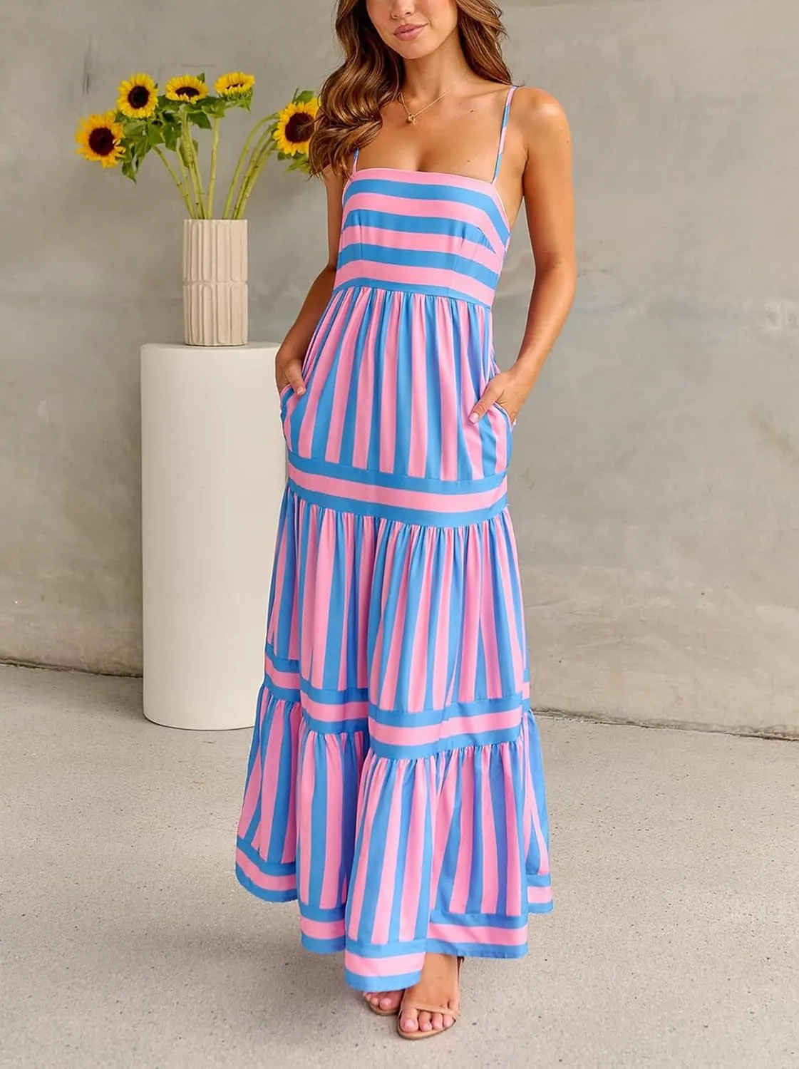 Owl's-Yard Womens Striped Long Dress Summer Sleeveless Spaghetti Strap Front Pocket Dress Flowy Beach Sundress Clubwear