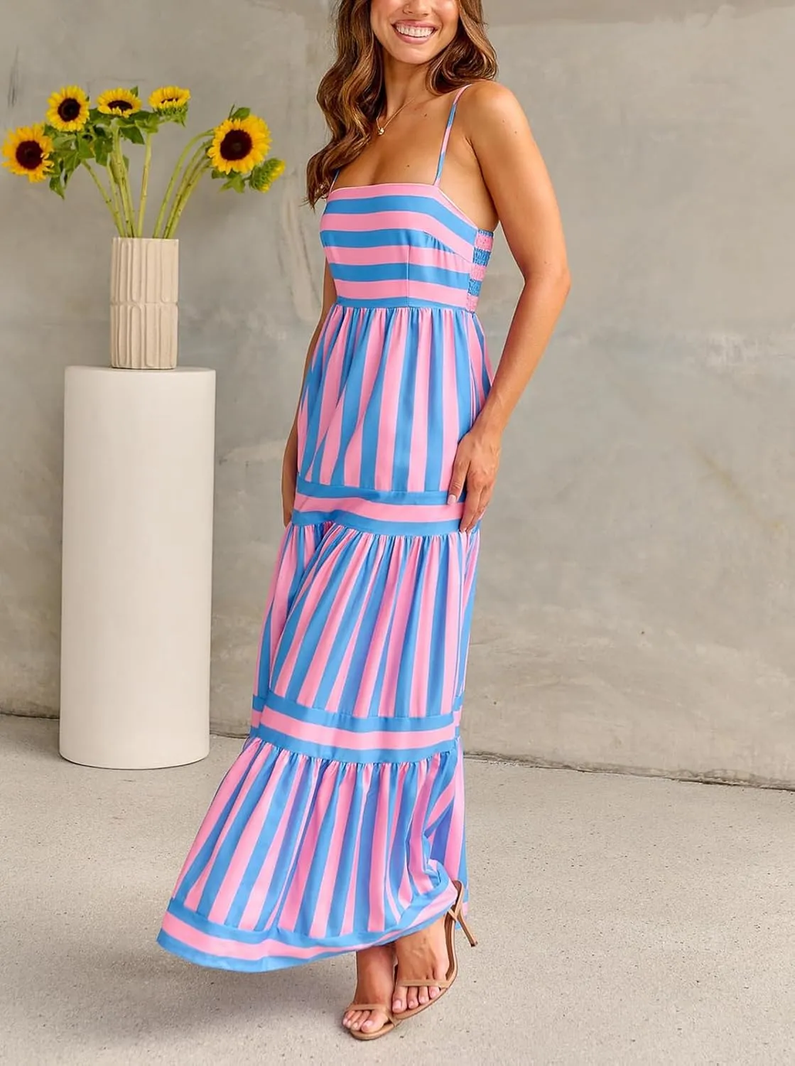 Owl's-Yard Womens Striped Long Dress Summer Sleeveless Spaghetti Strap Front Pocket Dress Flowy Beach Sundress Clubwear