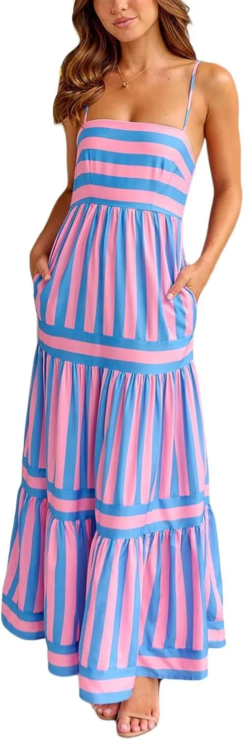 Owl's-Yard Womens Striped Long Dress Summer Sleeveless Spaghetti Strap Front Pocket Dress Flowy Beach Sundress Clubwear