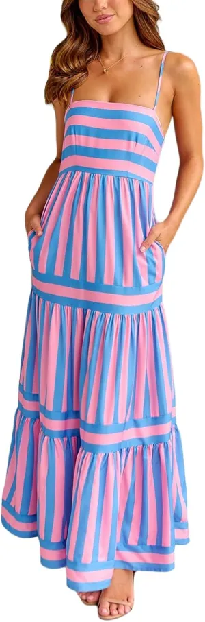 Owl's-Yard Womens Striped Long Dress Summer Sleeveless Spaghetti Strap Front Pocket Dress Flowy Beach Sundress Clubwear