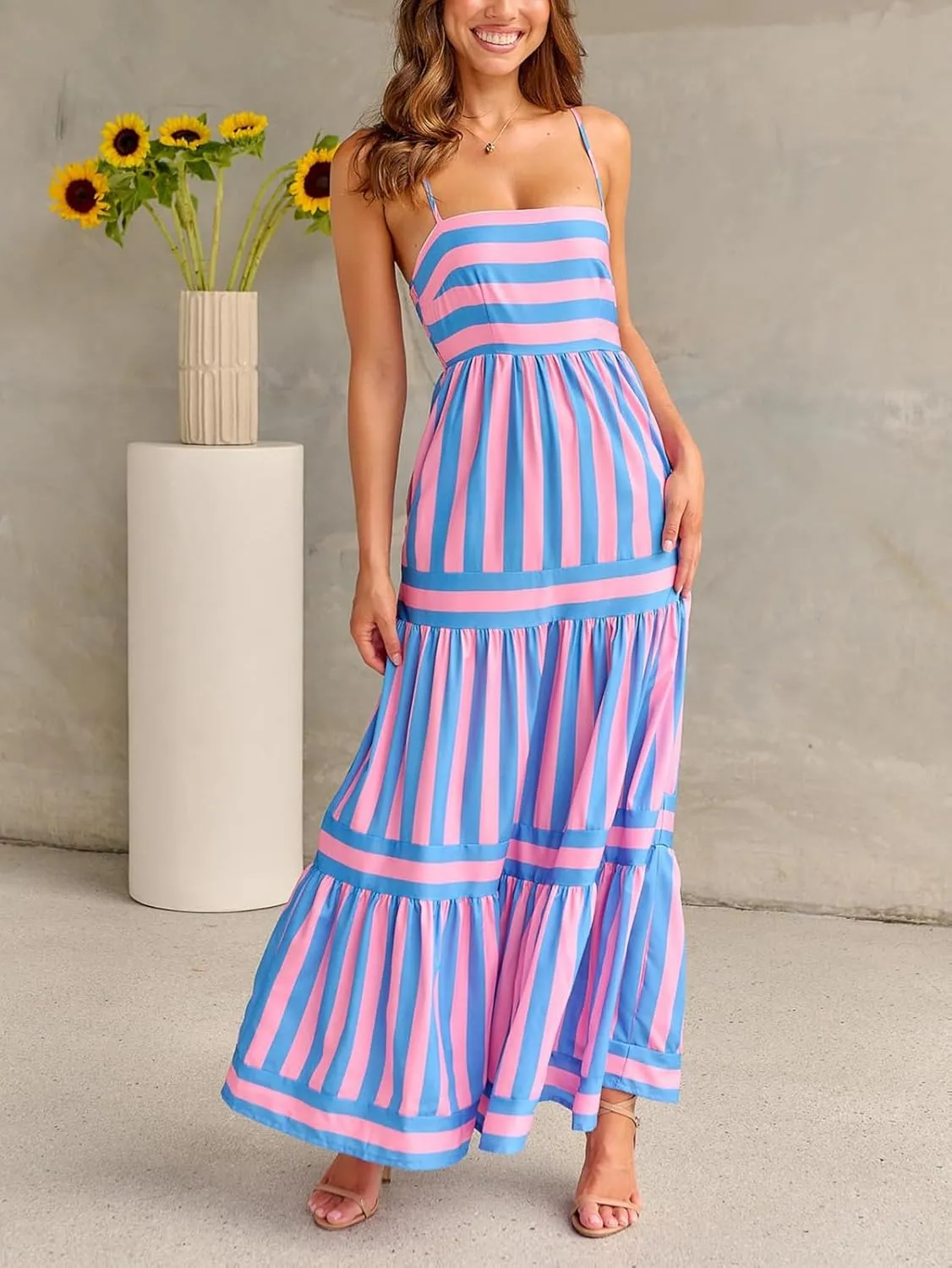 Owl's-Yard Womens Striped Long Dress Summer Sleeveless Spaghetti Strap Front Pocket Dress Flowy Beach Sundress Clubwear