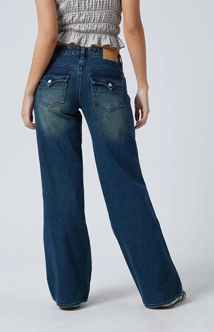 PacSun Women's Casey Button Pocket Low Rise Baggy Jeans Dark Indigo