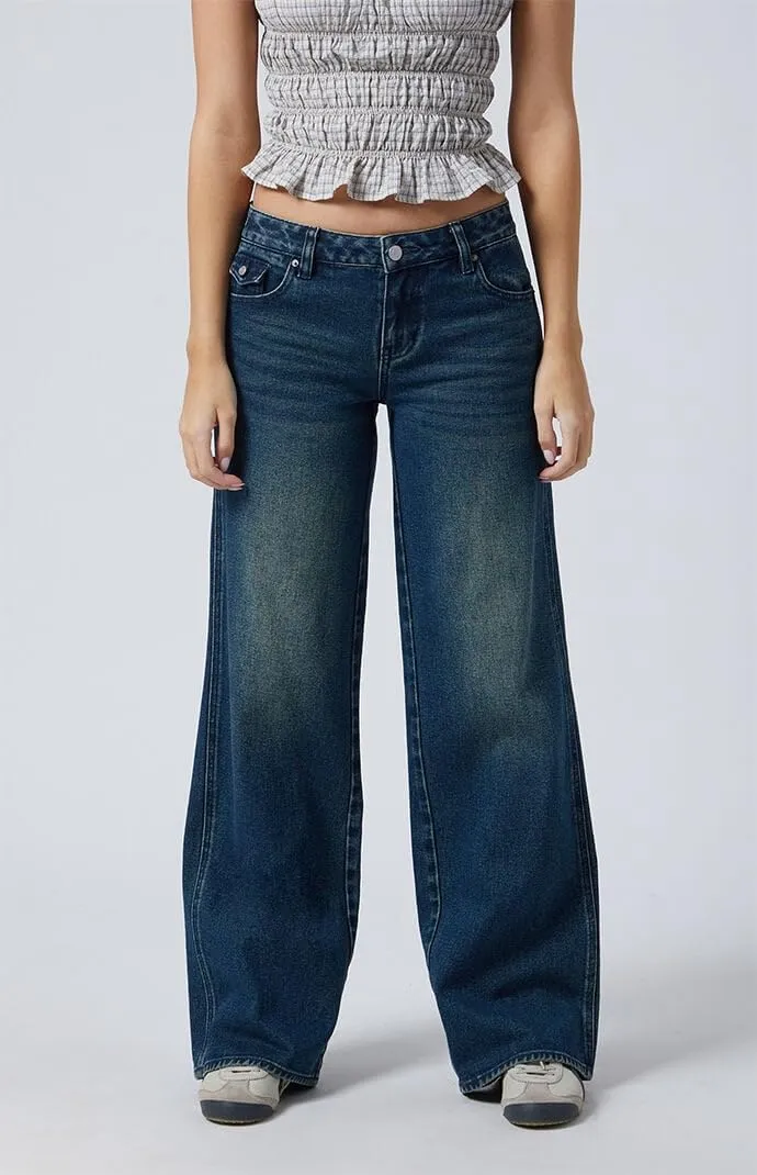 PacSun Women's Casey Button Pocket Low Rise Baggy Jeans Dark Indigo