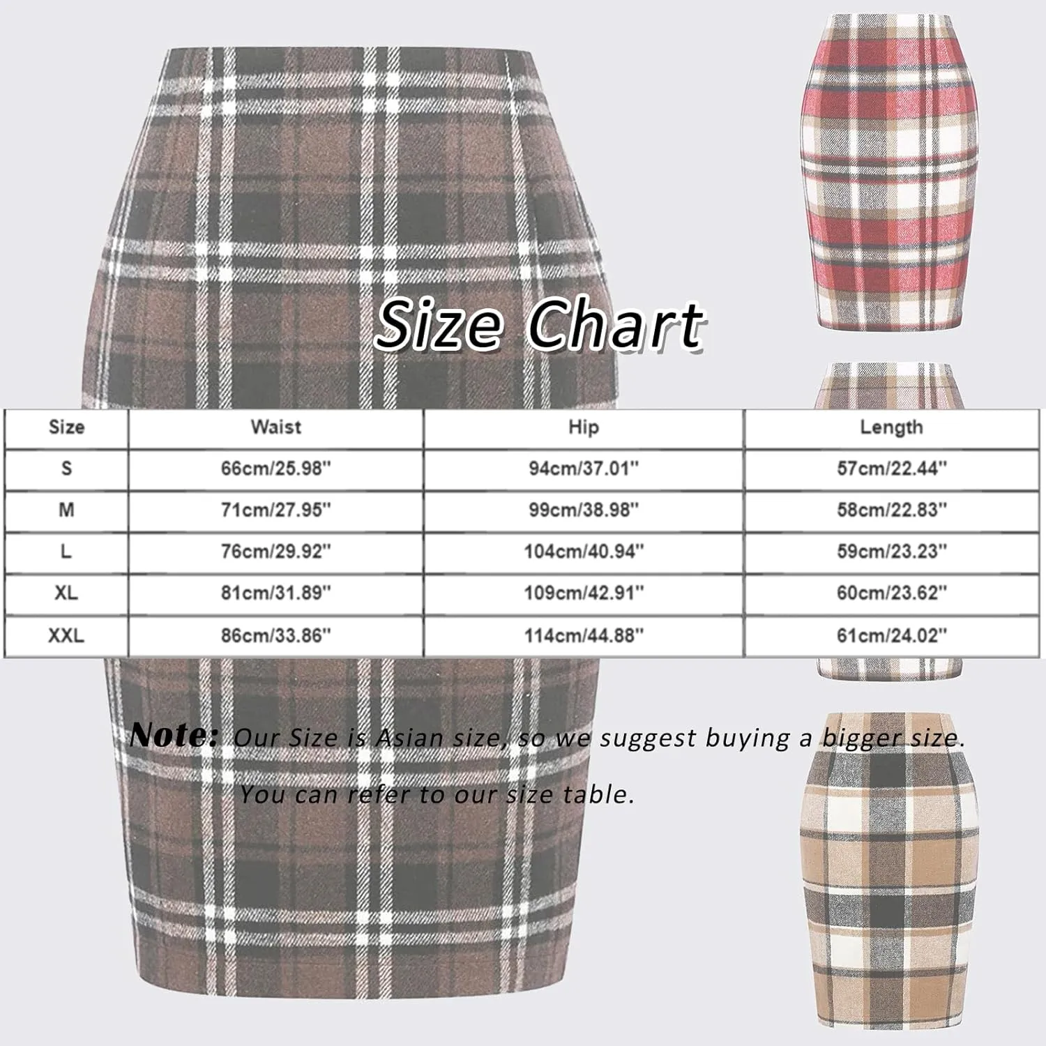 Pencil Plaid Skirts for Women Girls Fall Winter Wool Bodycon Midi Skirt Knee Length High Wasited Tartan Skirts Casual Dressy