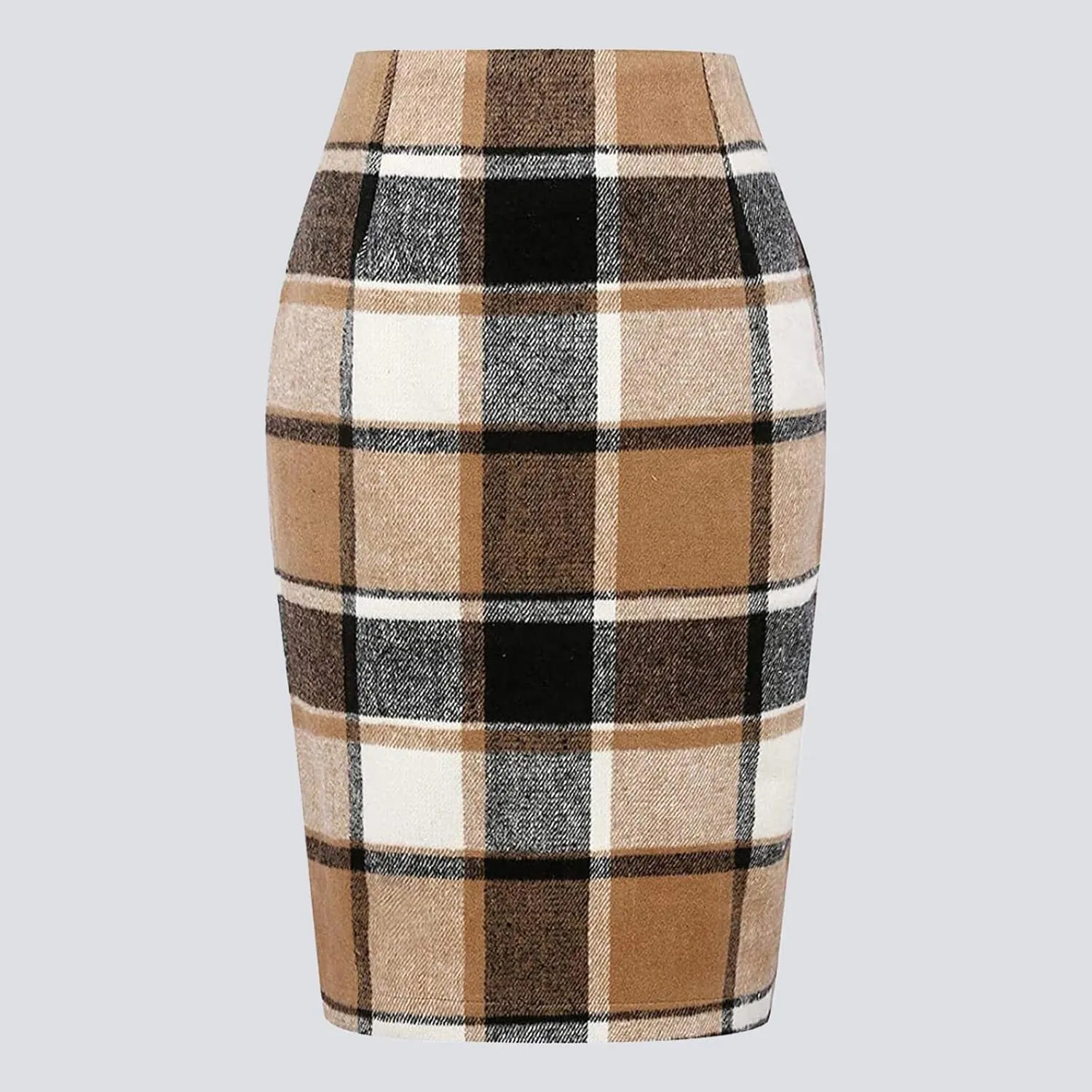 Pencil Plaid Skirts for Women Girls Fall Winter Wool Bodycon Midi Skirt Knee Length High Wasited Tartan Skirts Casual Dressy