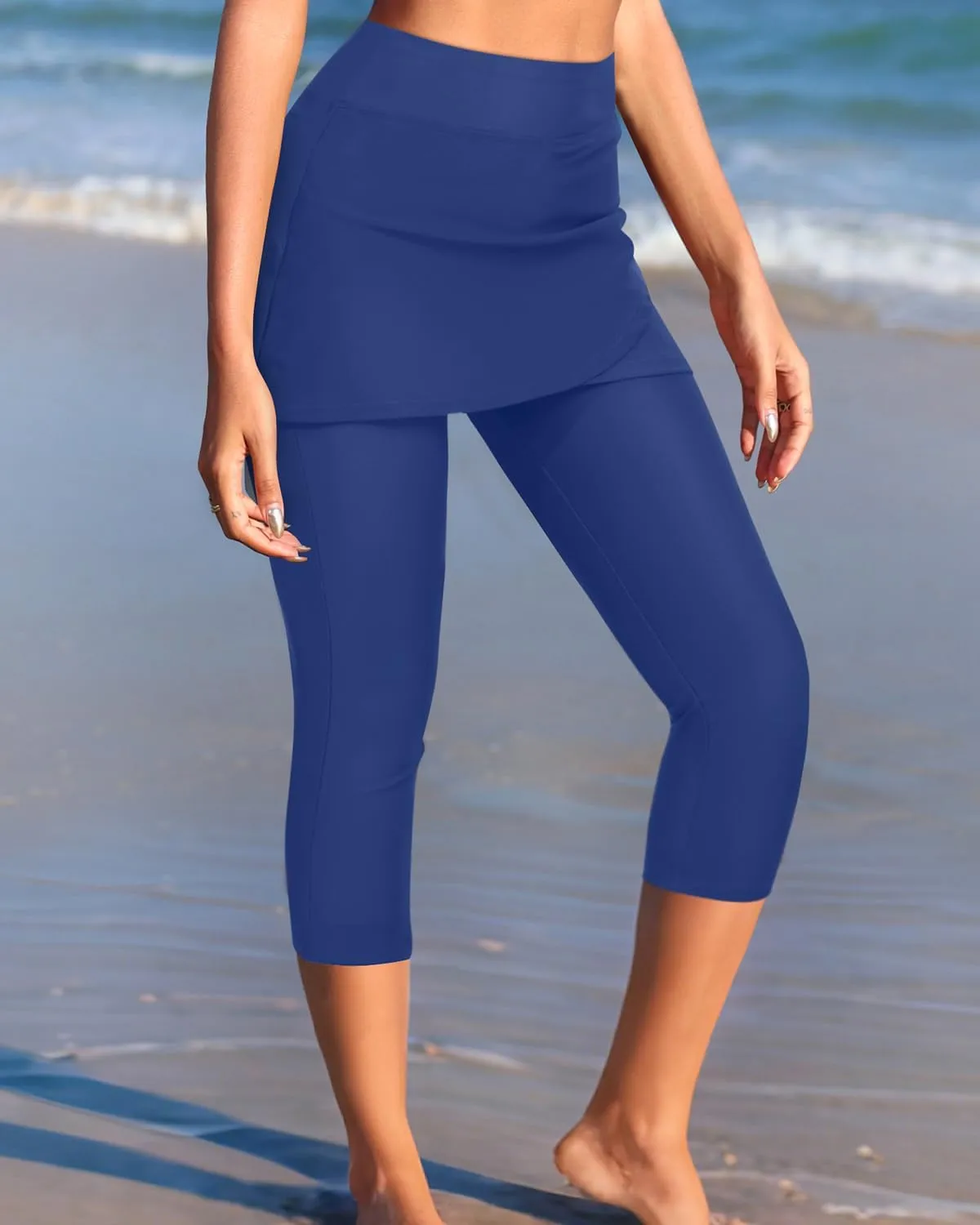 Pinup Fashion Swim Leggings with Skirt - Women Swimming Pants Capris Swimsuit High Waisted UV Swimwear Tights