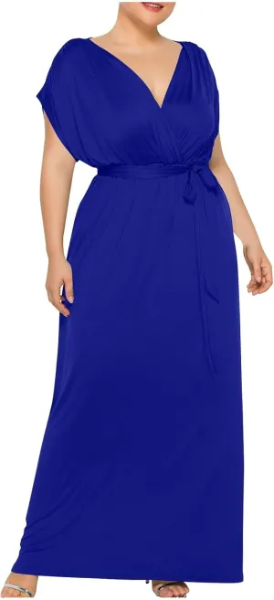 Plus Size Summer Dress for Women Fashion Solid Color Sundress Warp V Neck Short Sleeve Flowy Maxi Long Dresses