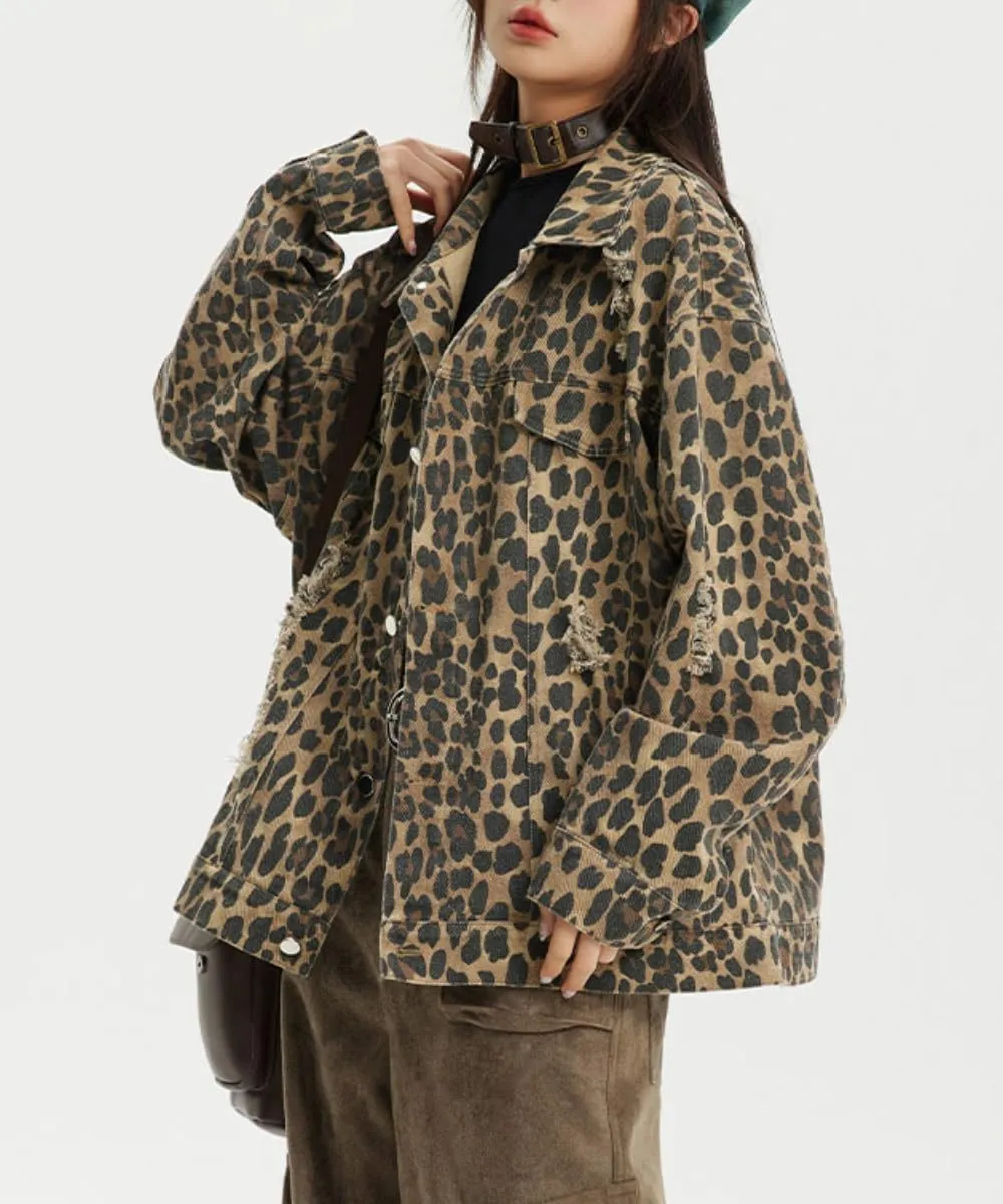 POHADON Womens Y2k Oversized Vintage Leopard Print Denim Jacket Ripped Hole Button Down Long Sleeve Coat with Pockets