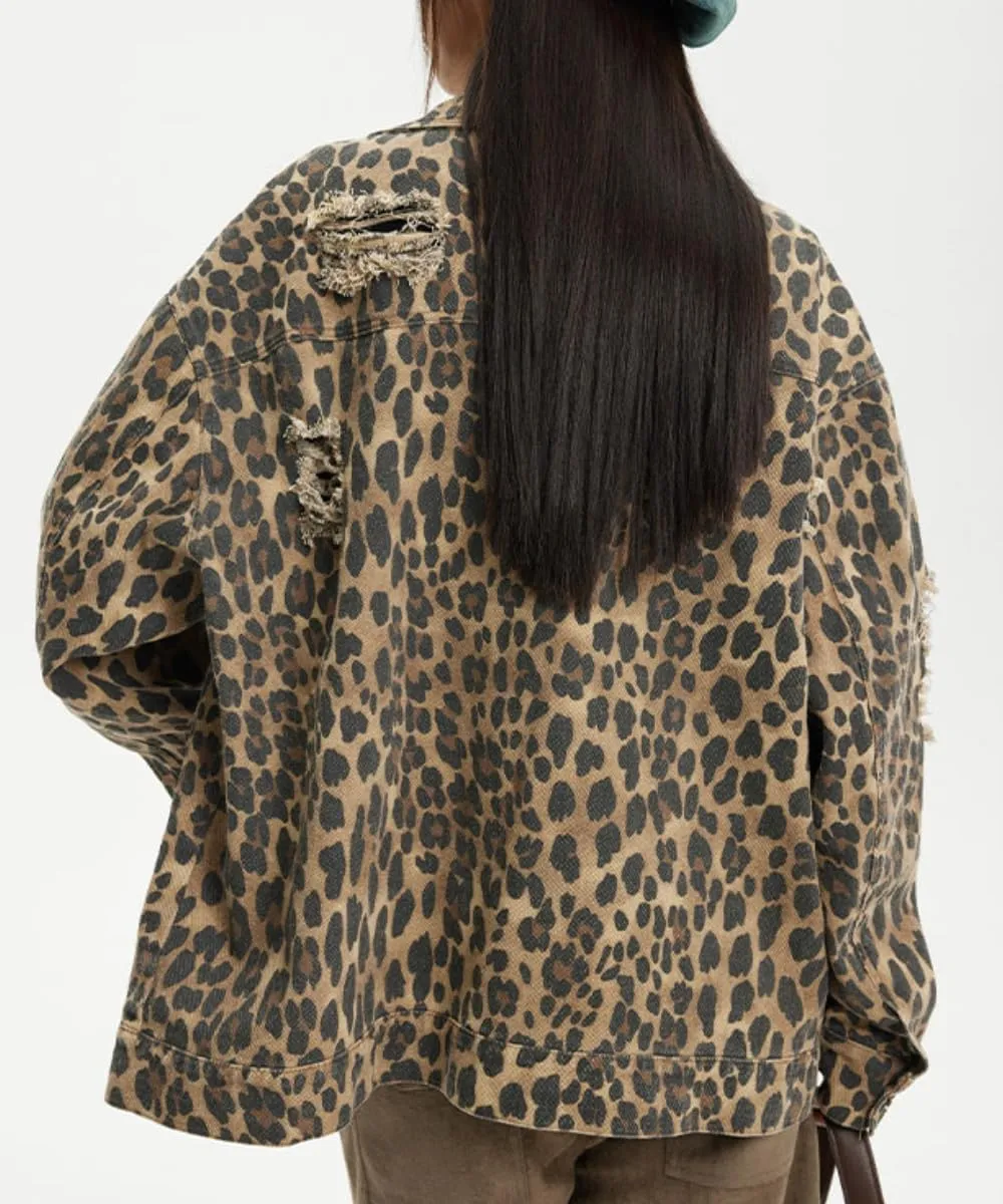 POHADON Womens Y2k Oversized Vintage Leopard Print Denim Jacket Ripped Hole Button Down Long Sleeve Coat with Pockets