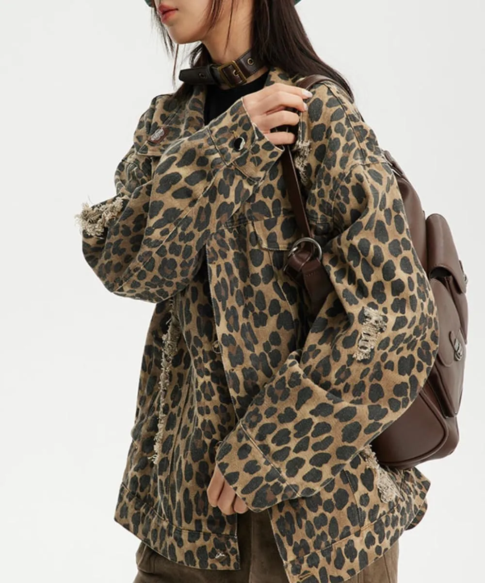 POHADON Womens Y2k Oversized Vintage Leopard Print Denim Jacket Ripped Hole Button Down Long Sleeve Coat with Pockets