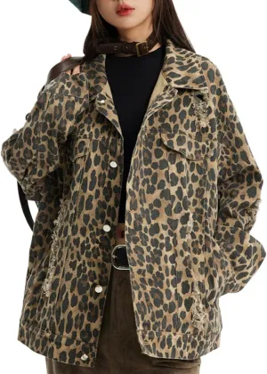 POHADON Womens Y2k Oversized Vintage Leopard Print Denim Jacket Ripped Hole Button Down Long Sleeve Coat with Pockets