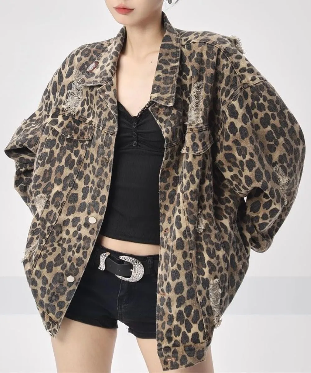 POHADON Womens Y2k Oversized Vintage Leopard Print Denim Jacket Ripped Hole Button Down Long Sleeve Coat with Pockets