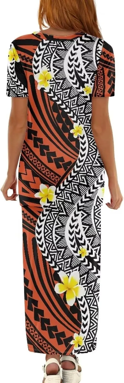 Polynesian Puletasi Samoa Womens Long Maxi Skirt Set 2 Piece Outfits Short Sleeve Top Elastic Waist Skirt Set
