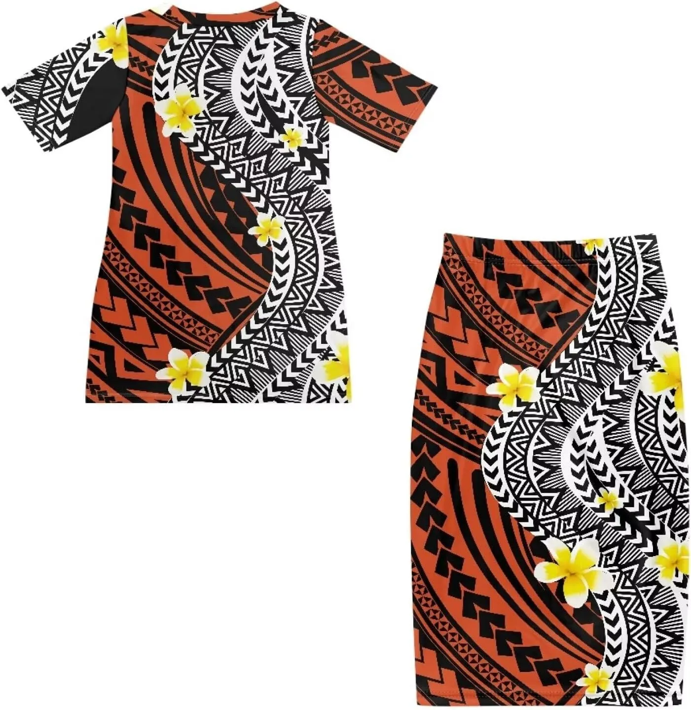 Polynesian Puletasi Samoa Womens Long Maxi Skirt Set 2 Piece Outfits Short Sleeve Top Elastic Waist Skirt Set