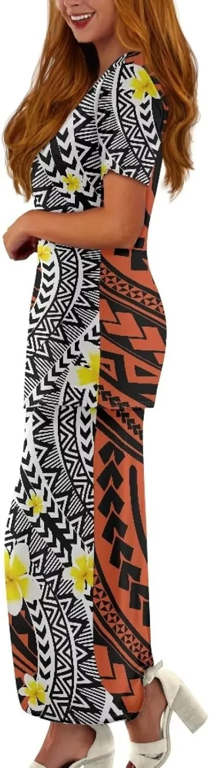 Polynesian Puletasi Samoa Womens Long Maxi Skirt Set 2 Piece Outfits Short Sleeve Top Elastic Waist Skirt Set