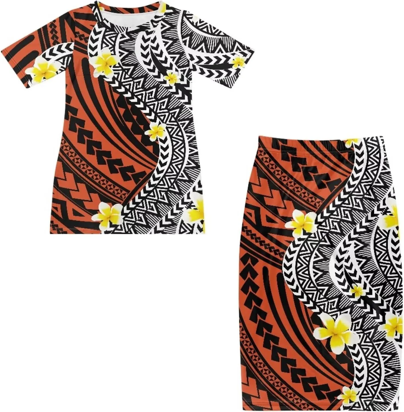 Polynesian Puletasi Samoa Womens Long Maxi Skirt Set 2 Piece Outfits Short Sleeve Top Elastic Waist Skirt Set