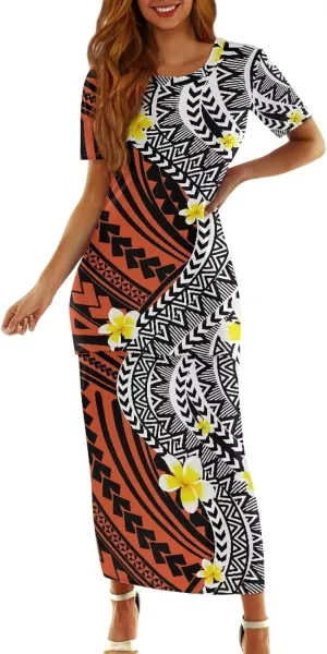 Polynesian Puletasi Samoa Womens Long Maxi Skirt Set 2 Piece Outfits Short Sleeve Top Elastic Waist Skirt Set
