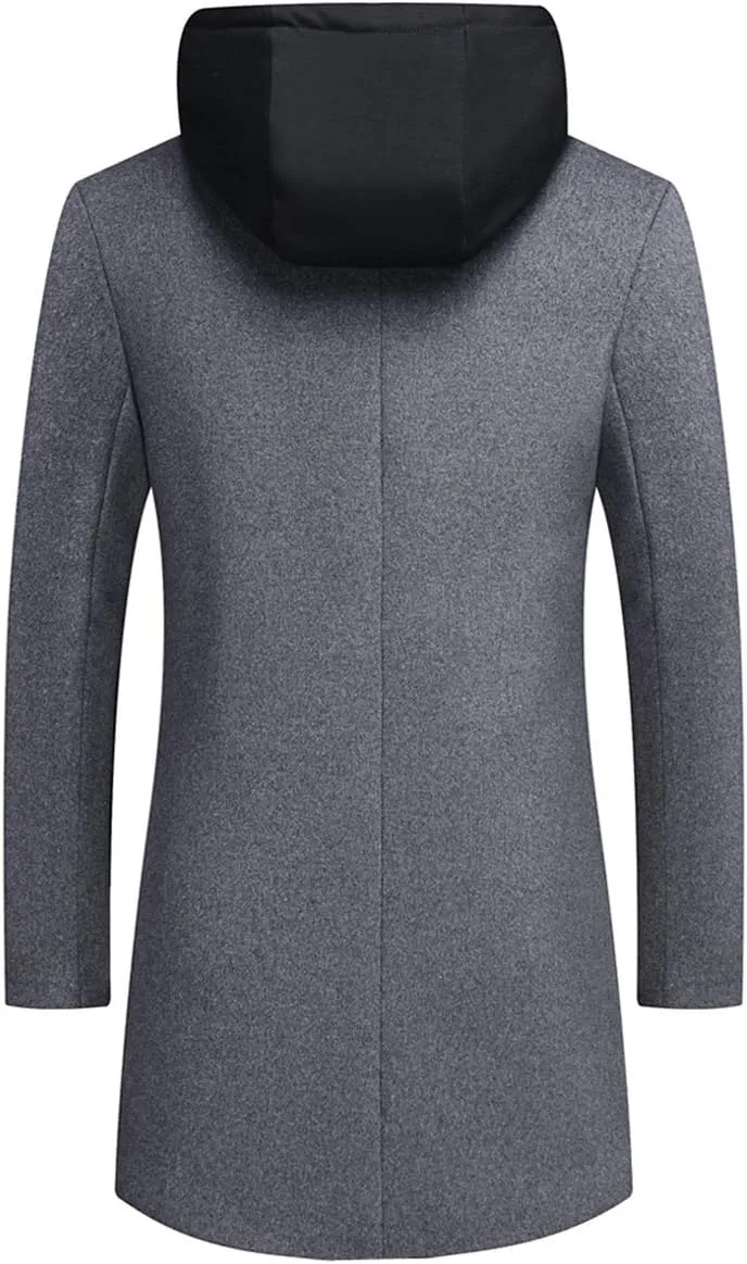 PRIJOUHE Men's Wool Coat Hoodie Long Trench Coat Cotton Casual Woollen Overcoat Jacket