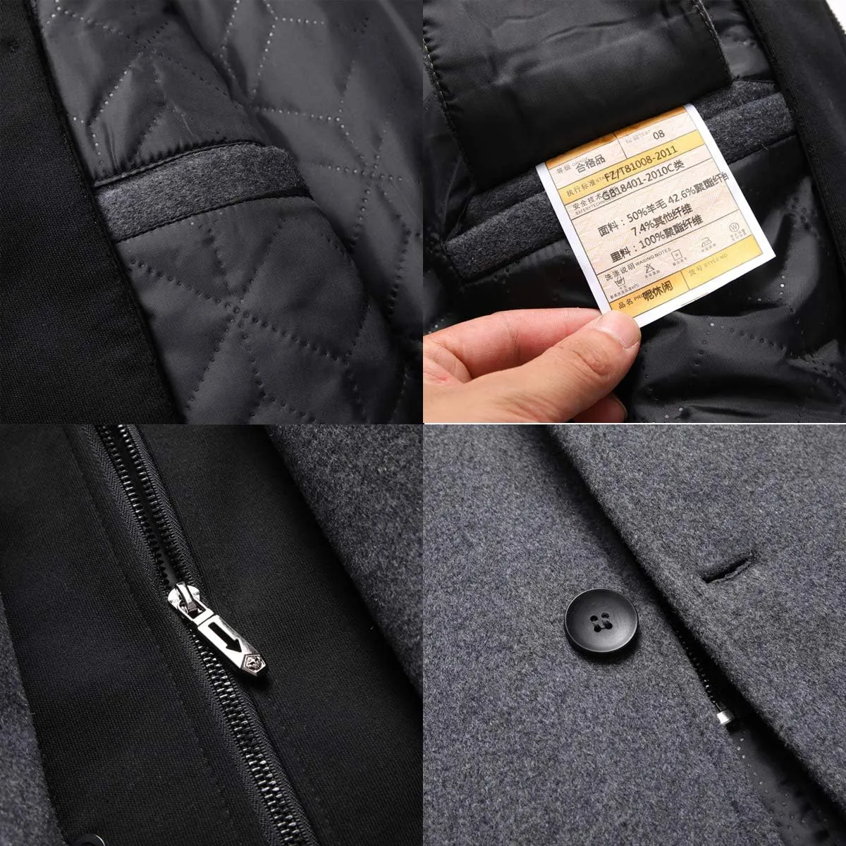 PRIJOUHE Men's Wool Coat Hoodie Long Trench Coat Cotton Casual Woollen Overcoat Jacket