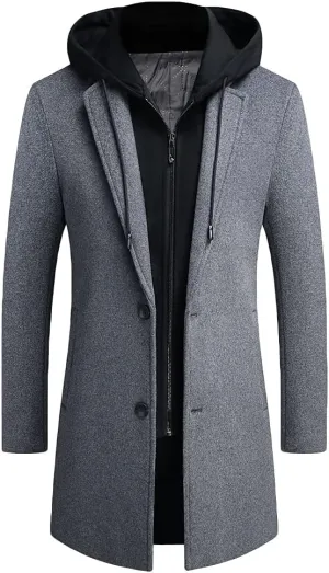PRIJOUHE Men's Wool Coat Hoodie Long Trench Coat Cotton Casual Woollen Overcoat Jacket