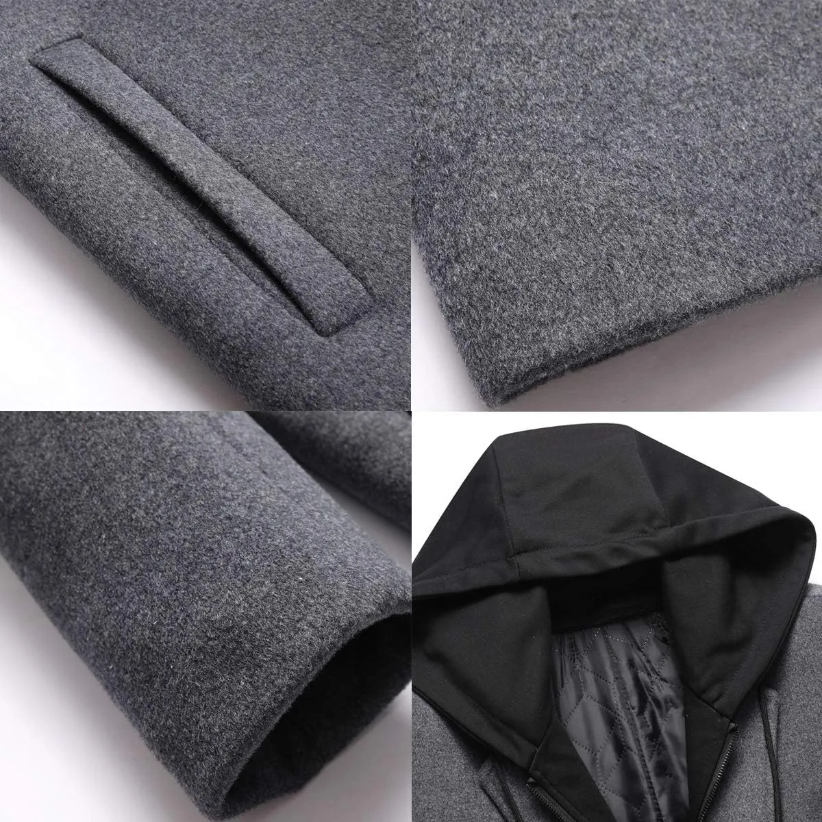 PRIJOUHE Men's Wool Coat Hoodie Long Trench Coat Cotton Casual Woollen Overcoat Jacket
