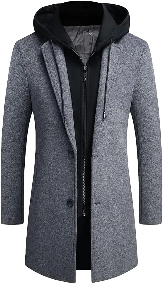 PRIJOUHE Men's Wool Coat Hoodie Long Trench Coat Cotton Casual Woollen Overcoat Jacket