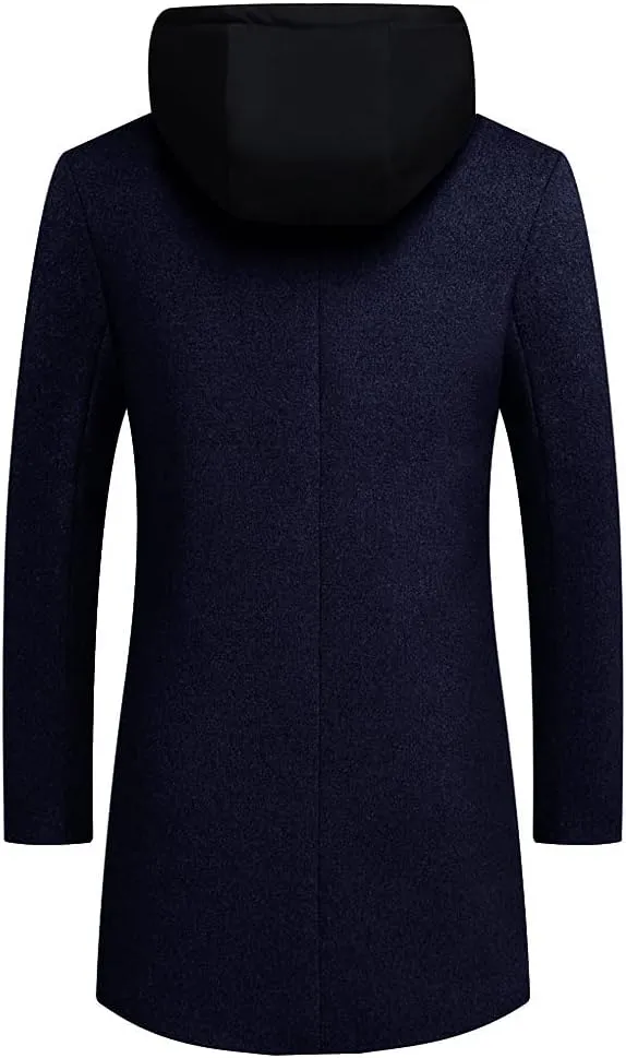 PRIJOUHE Men's Wool Coat Hoodie Long Trench Coat Cotton Casual Woollen Overcoat Jacket