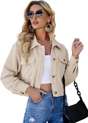 Qiaomai Womens Cropped Corduroy Jacket Loose Button Down Puff Sleeve Shacket Coat