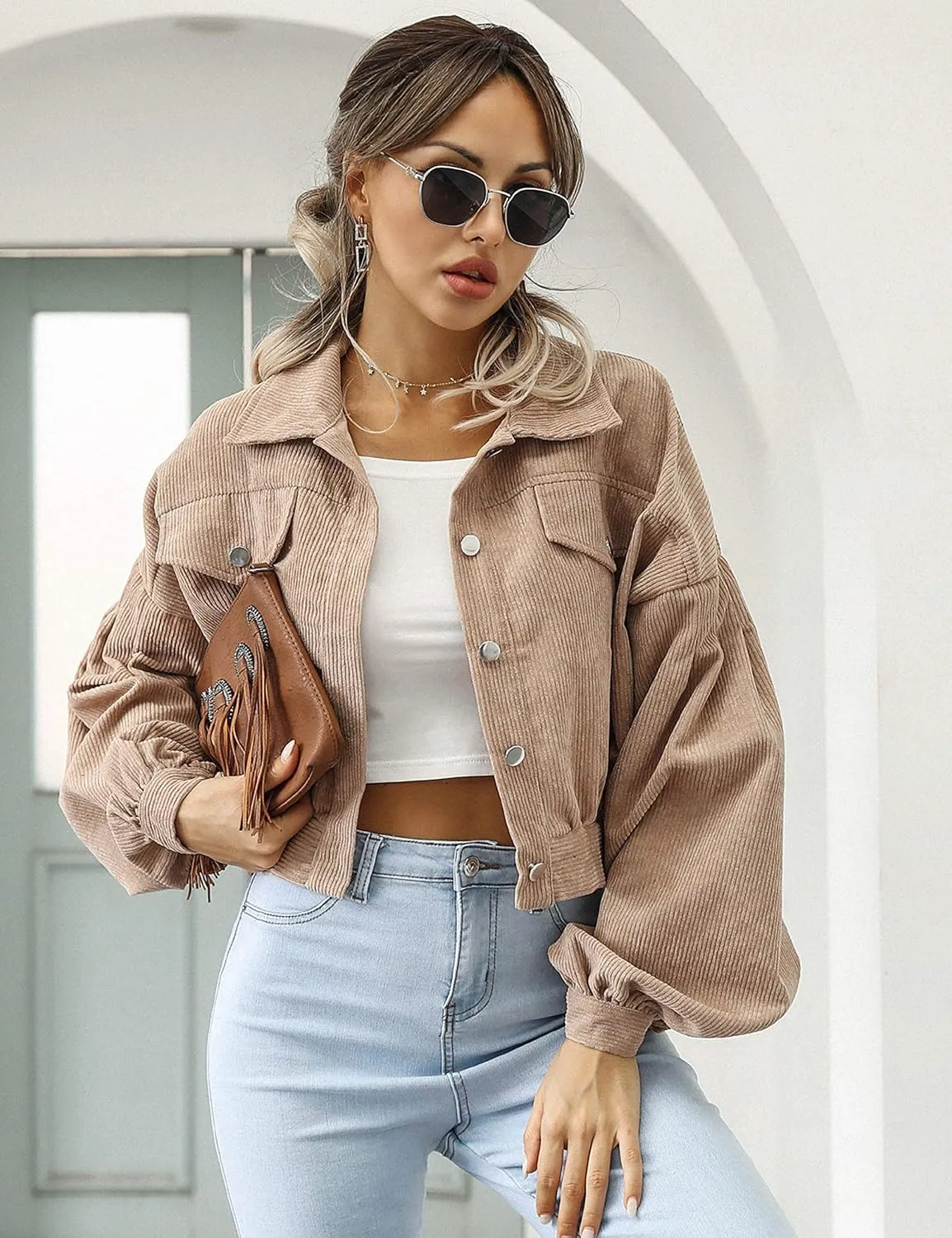 Qiaomai Womens Cropped Corduroy Jacket Loose Button Down Puff Sleeve Shacket Coat