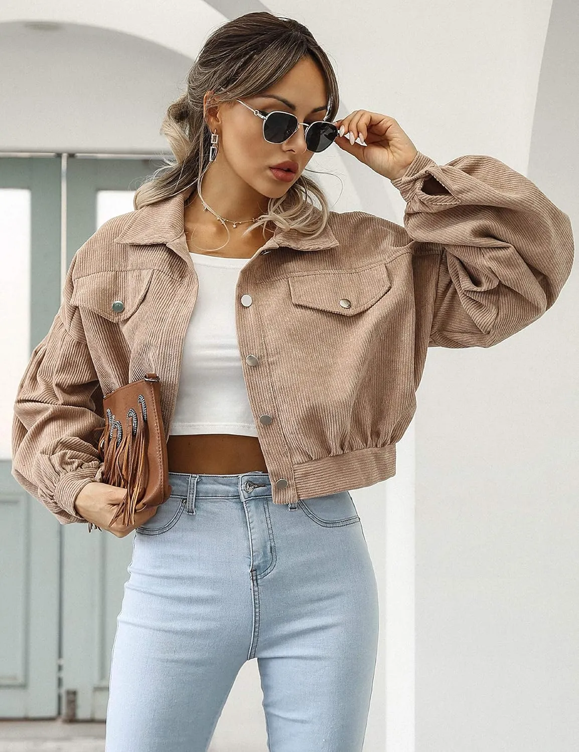 Qiaomai Womens Cropped Corduroy Jacket Loose Button Down Puff Sleeve Shacket Coat