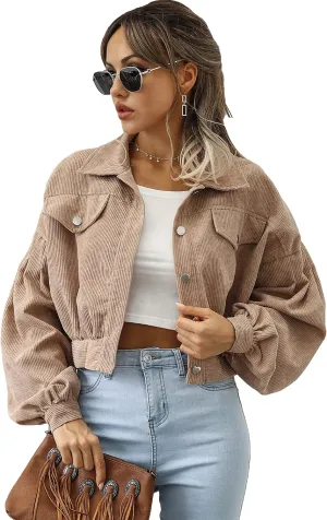 Qiaomai Womens Cropped Corduroy Jacket Loose Button Down Puff Sleeve Shacket Coat