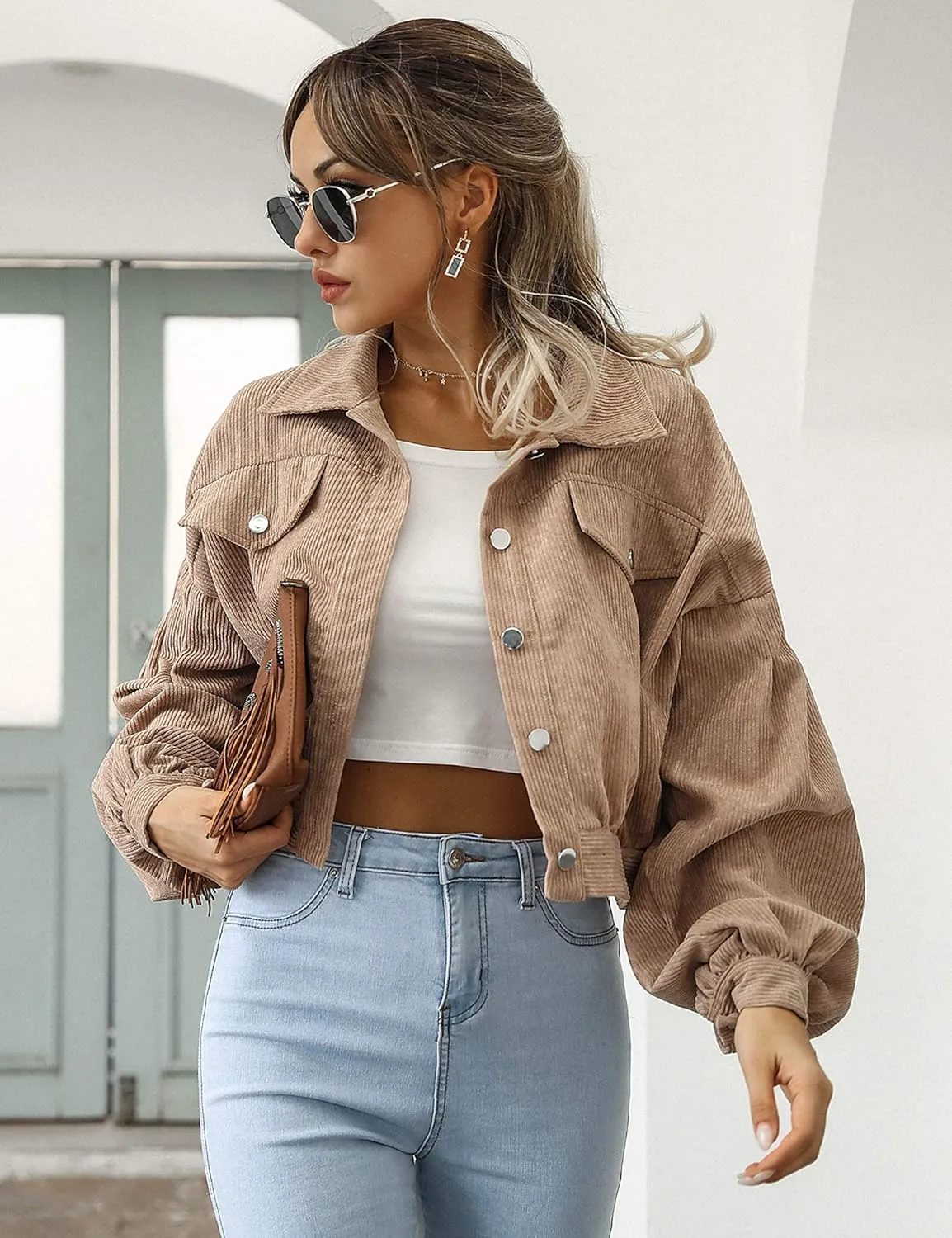Qiaomai Womens Cropped Corduroy Jacket Loose Button Down Puff Sleeve Shacket Coat