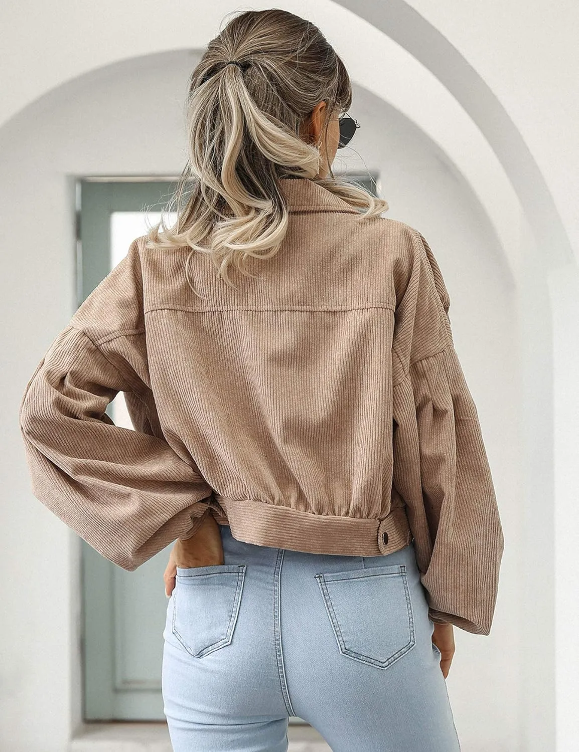 Qiaomai Womens Cropped Corduroy Jacket Loose Button Down Puff Sleeve Shacket Coat