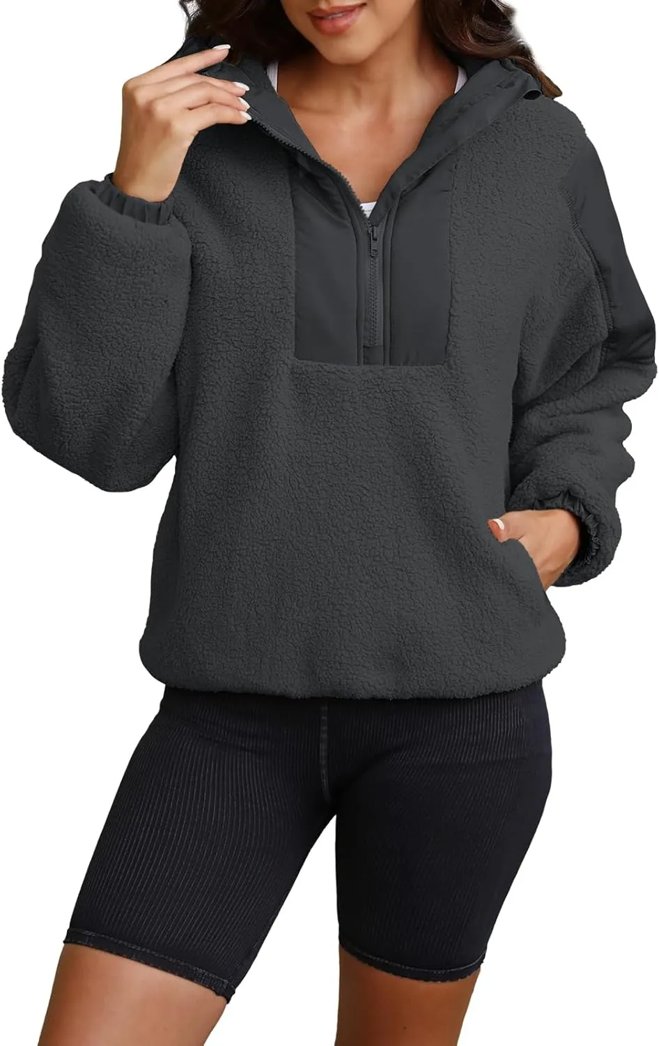 ReachMe Womens Fleece Hoodie Oversized Sherpa Jacket with Pockets Half Zip Sweatshirt Fuzzy Pullover Coats