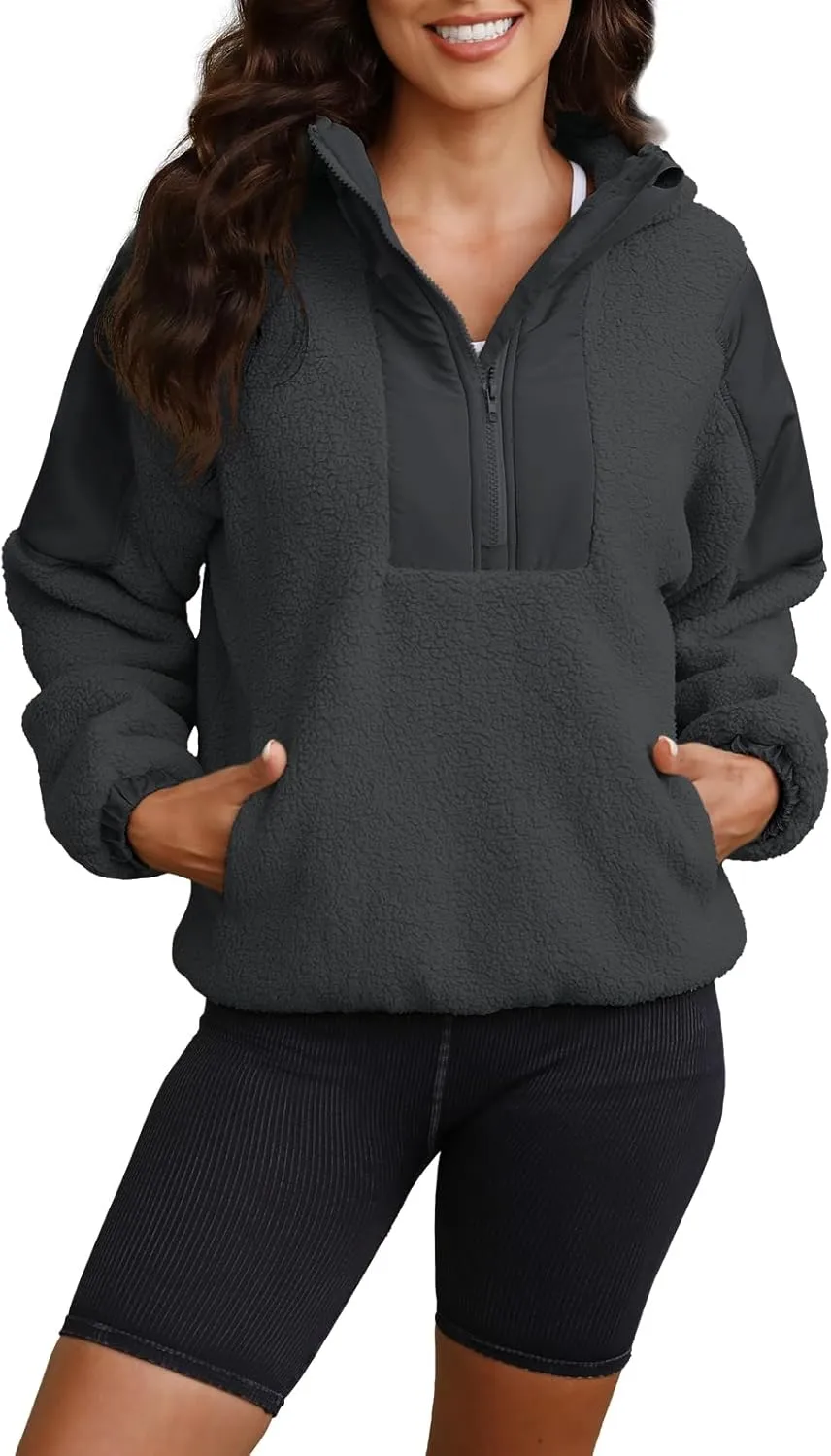 ReachMe Womens Fleece Hoodie Oversized Sherpa Jacket with Pockets Half Zip Sweatshirt Fuzzy Pullover Coats