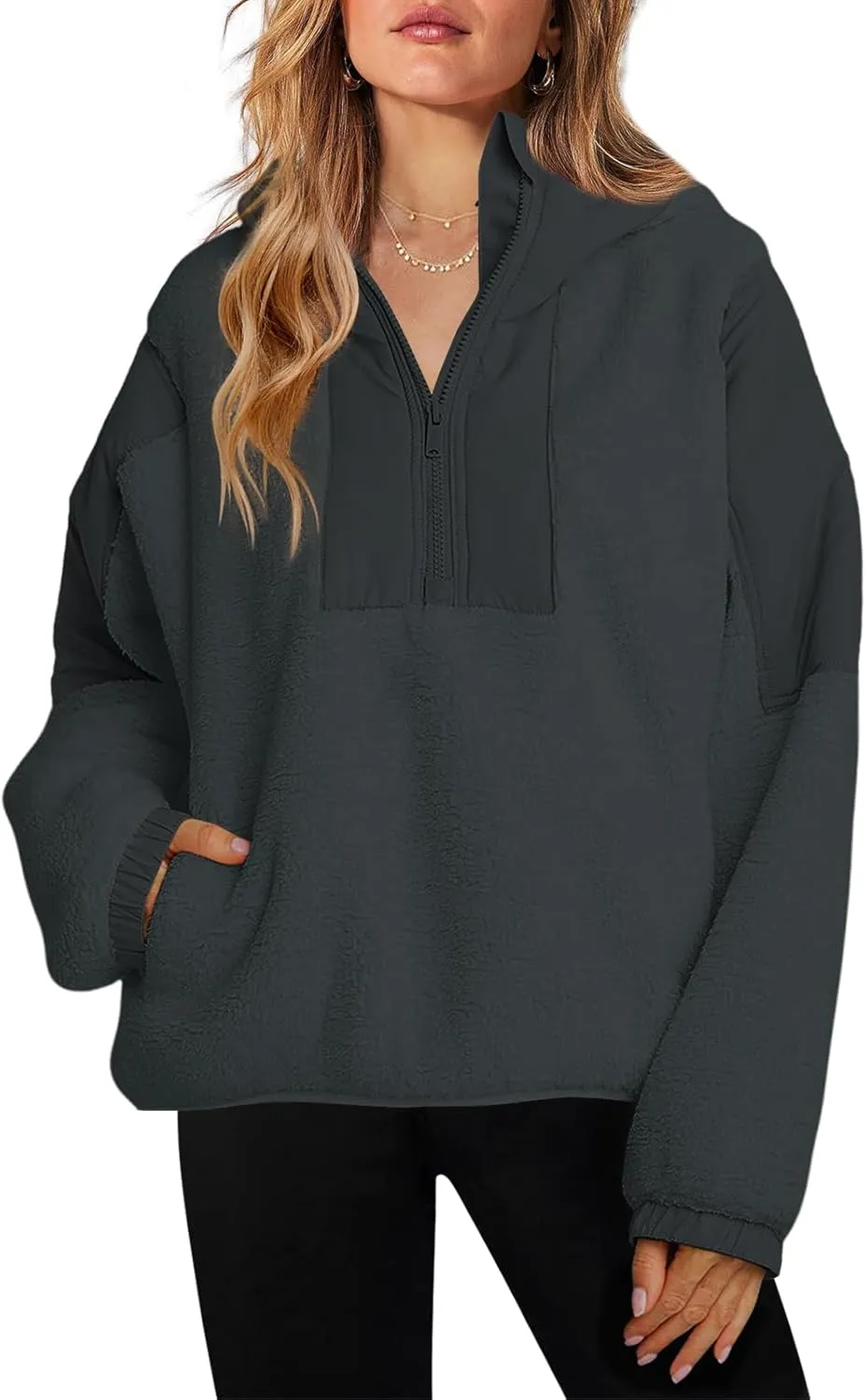 ReachMe Womens Fleece Hoodie Oversized Sherpa Jacket with Pockets Half Zip Sweatshirt Fuzzy Pullover Coats