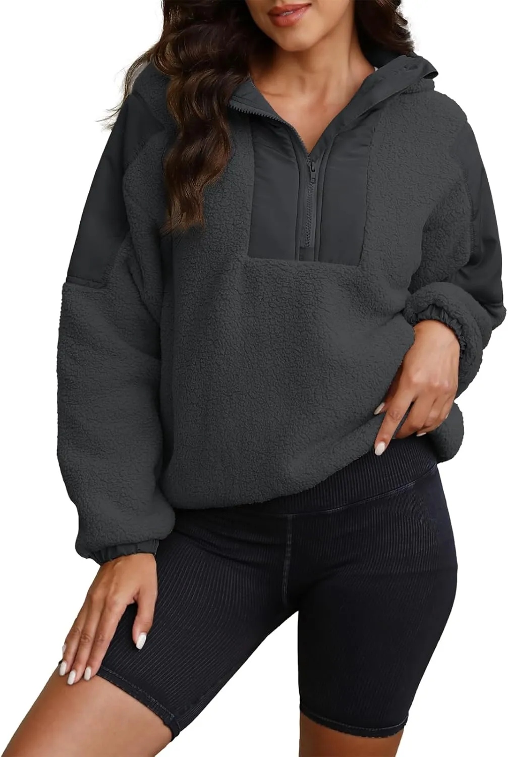 ReachMe Womens Fleece Hoodie Oversized Sherpa Jacket with Pockets Half Zip Sweatshirt Fuzzy Pullover Coats