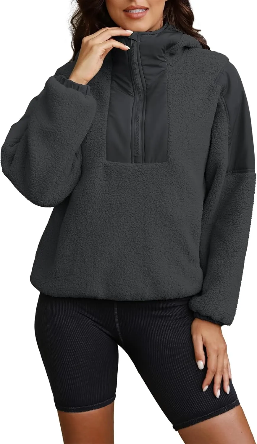 ReachMe Womens Fleece Hoodie Oversized Sherpa Jacket with Pockets Half Zip Sweatshirt Fuzzy Pullover Coats