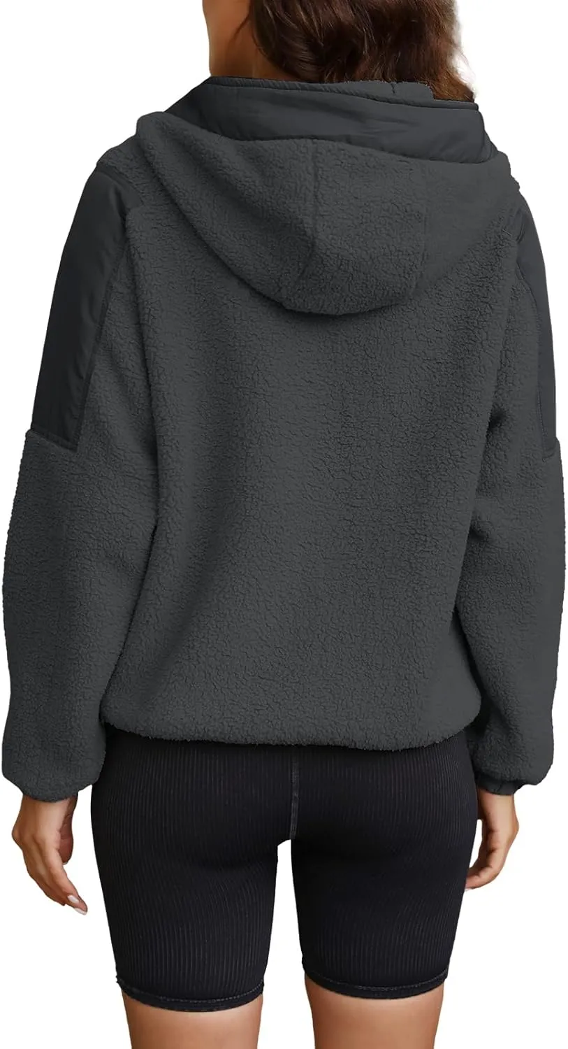 ReachMe Womens Fleece Hoodie Oversized Sherpa Jacket with Pockets Half Zip Sweatshirt Fuzzy Pullover Coats