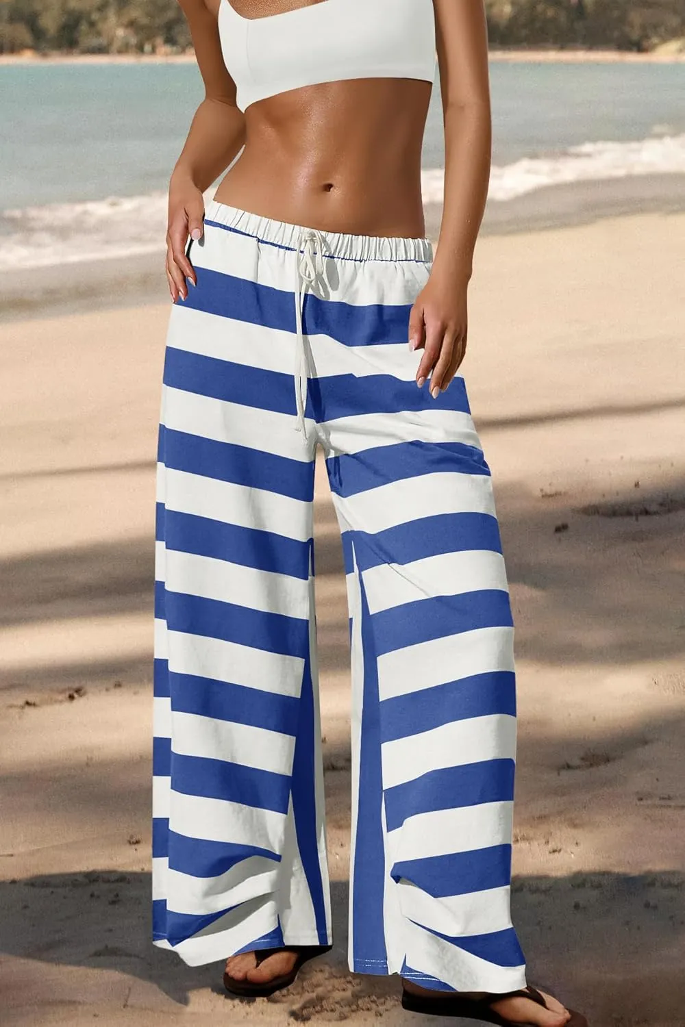 ReachMe Womens Striped Wide Leg Pants Beach Travel Palazzo Pants Drawstring Elastic Waist Pants with Pockets