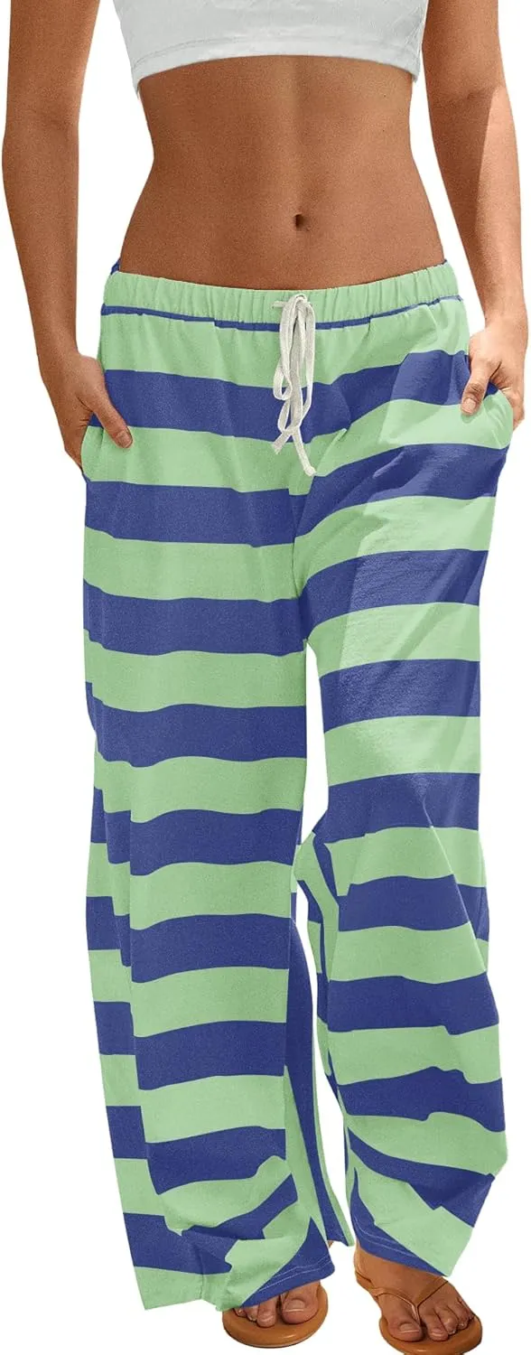 ReachMe Womens Striped Wide Leg Pants Beach Travel Palazzo Pants Drawstring Elastic Waist Pants with Pockets