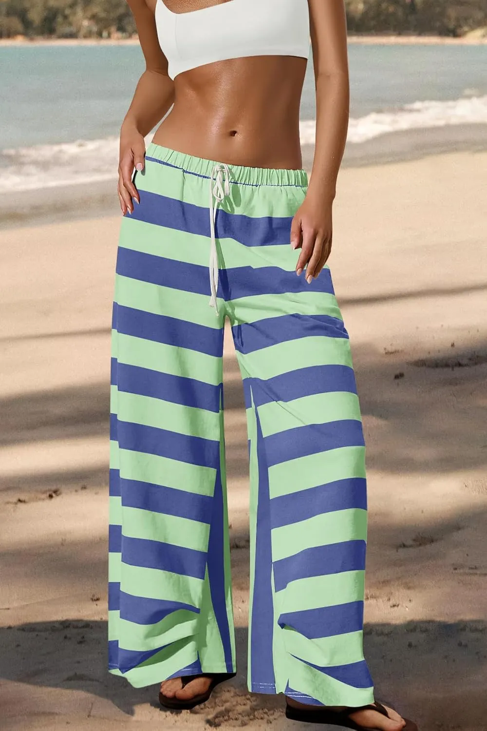 ReachMe Womens Striped Wide Leg Pants Beach Travel Palazzo Pants Drawstring Elastic Waist Pants with Pockets