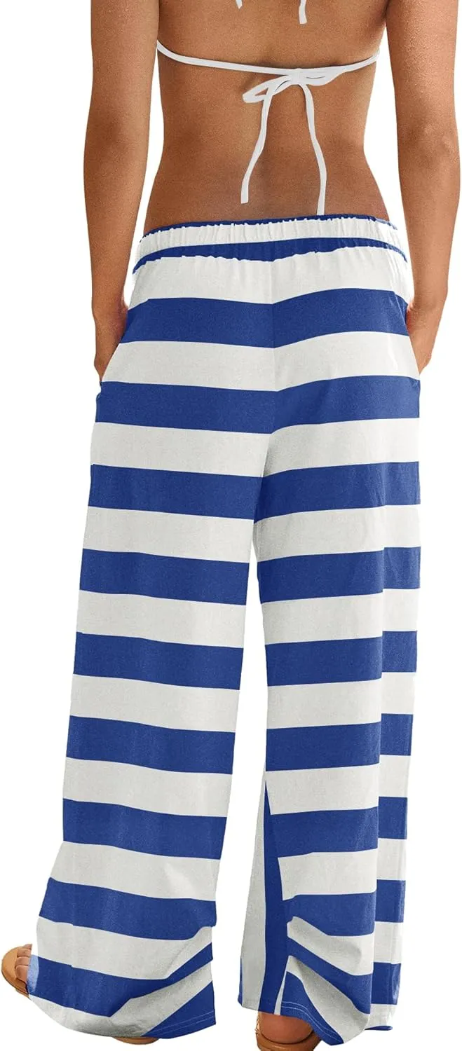 ReachMe Womens Striped Wide Leg Pants Beach Travel Palazzo Pants Drawstring Elastic Waist Pants with Pockets
