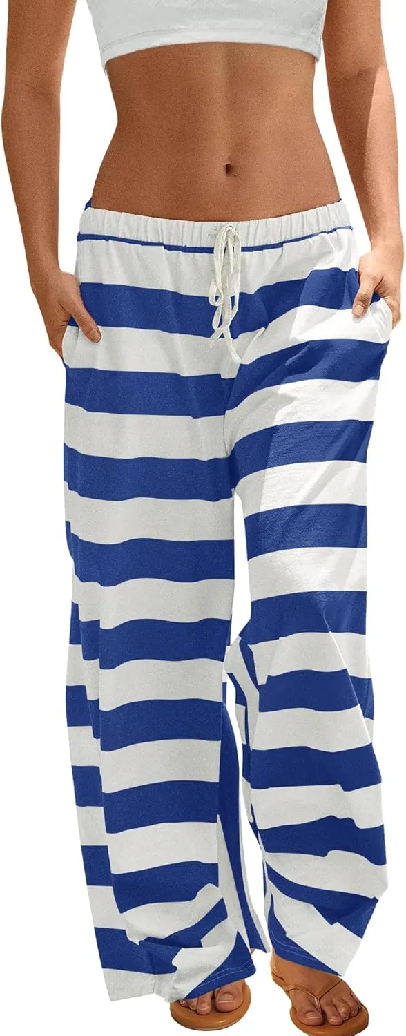 ReachMe Womens Striped Wide Leg Pants Beach Travel Palazzo Pants Drawstring Elastic Waist Pants with Pockets