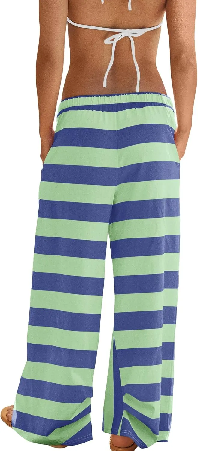 ReachMe Womens Striped Wide Leg Pants Beach Travel Palazzo Pants Drawstring Elastic Waist Pants with Pockets