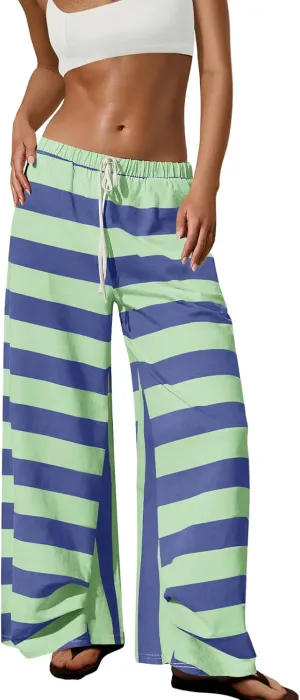 ReachMe Womens Striped Wide Leg Pants Beach Travel Palazzo Pants Drawstring Elastic Waist Pants with Pockets