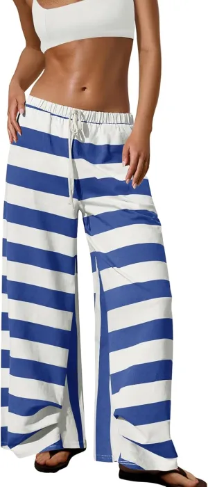 ReachMe Womens Striped Wide Leg Pants Beach Travel Palazzo Pants Drawstring Elastic Waist Pants with Pockets