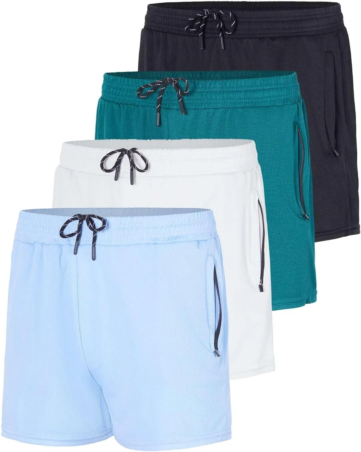 Real Essentials 4 Pack: Men's 3 Inch Mesh Running Short Shorts with Zipper Pockets - Quick Dry Gym Athletic